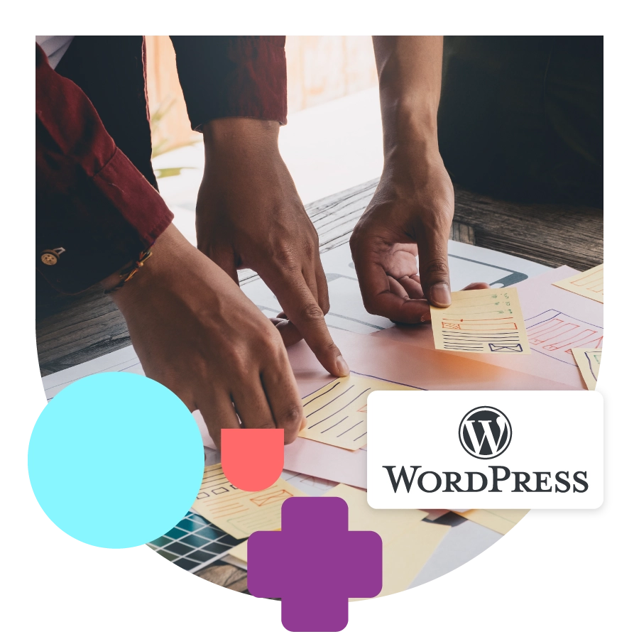 U shape with photo of hands and sticky notes and the Wordpress logo